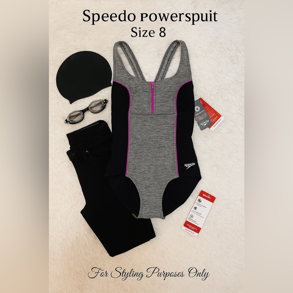 Speedo PowerShape Swimsuit – Size 8 | Gray & Black with Pink Trim | NWT
